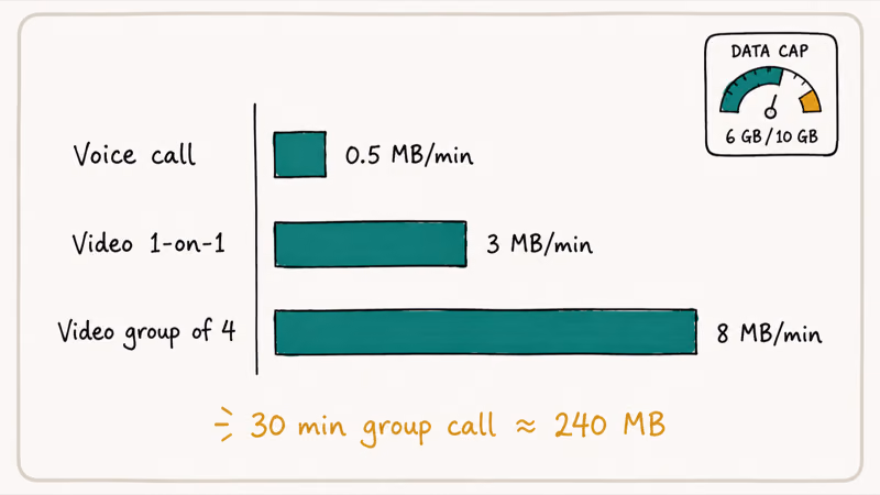 Horizontal bar chart comparing WhatsApp voice call video one on one and video group of four data usage