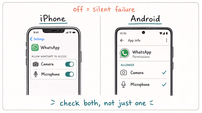 Side by side iOS WhatsApp camera and microphone permissions versus Android app info permissions showing both enabled