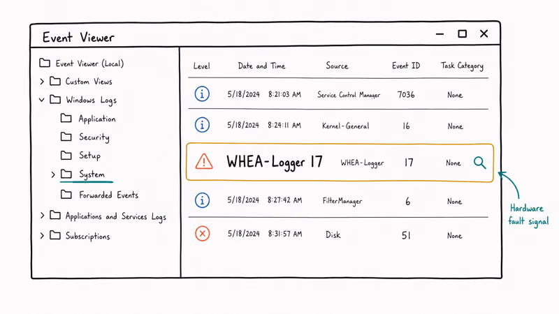 Event Viewer window showing the System log path and a highlighted WHEA-Logger event row that signals hardware fault