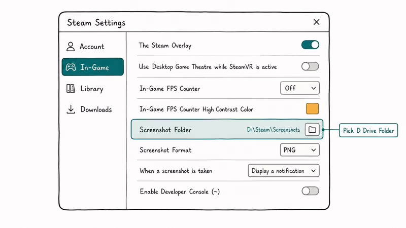 Steam Settings In Game tab showing the Screenshot Folder picker highlighted with pick D drive folder hint
