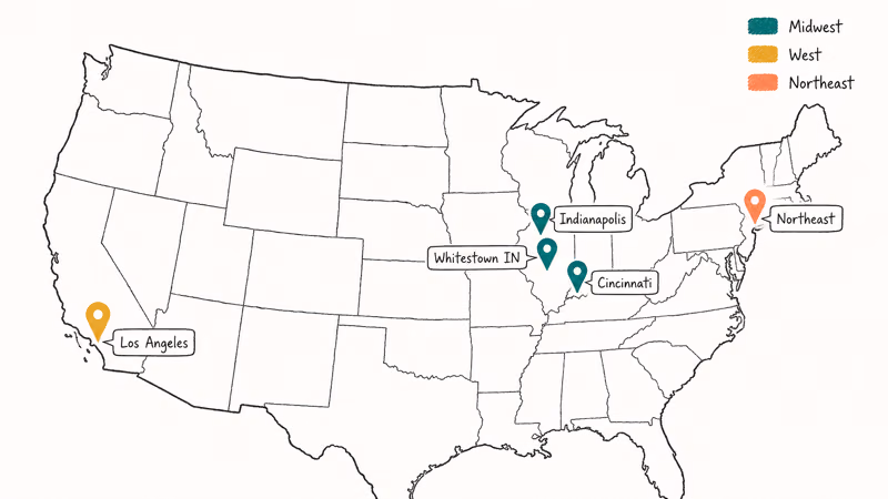 Hand-drawn US map plotting SHEIN distribution centers across the Midwest California and Northeast with color pins.