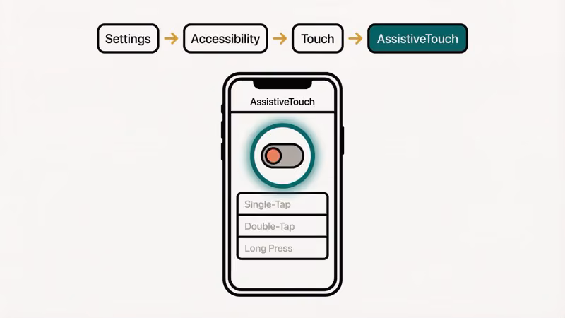 iPhone Settings path showing Settings Accessibility Touch AssistiveTouch with toggle in off position
