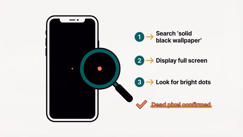Dead pixel test showing iPhone with solid black screen and magnifying glass revealing a bright white dot