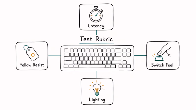 Four test rubric cards around a white gaming keyboard latency switch feel RGB lighting and yellow resistance