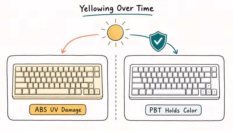 ABS keyboard turning yellow versus PBT keyboard staying white under UV light comparison