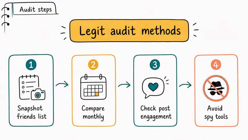 Four numbered tiles showing legitimate self audit methods for Facebook follower changes including snapshots