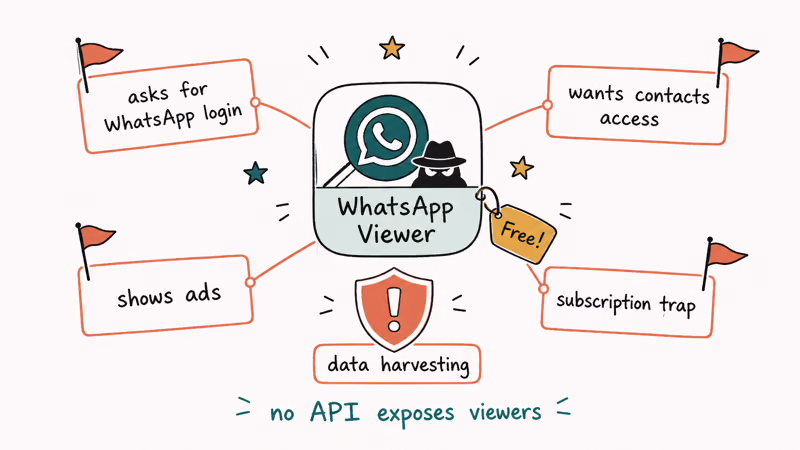 Fake WhatsApp viewer app icon surrounded by four red flag warnings asking login contacts ads and subscription trap
