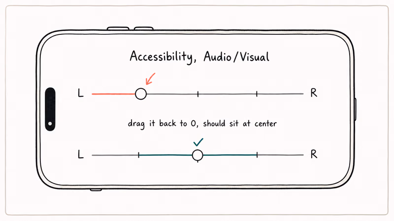 iPhone Accessibility audio balance slider shown off-center then centered with a check mark for even AirPods volume