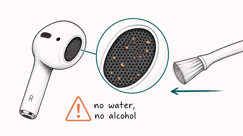 Close-up of AirPod speaker mesh with magnified view showing wax buildup and a soft brush sweeping it clean
