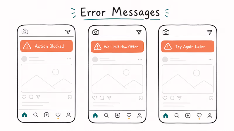 Three Instagram follow block error messages Action Blocked We Limit How Often and Try Again Later