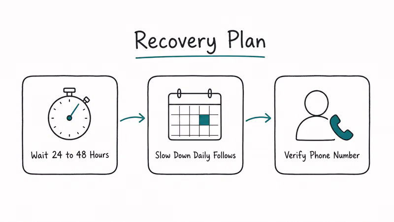 Three step Instagram follow recovery plan wait 24-48 hours slow daily follows then verify account number