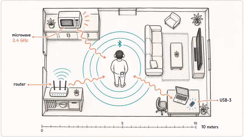 Top-down room layout showing microwave router and USB-3 device interfering with AirPods Bluetooth signal range