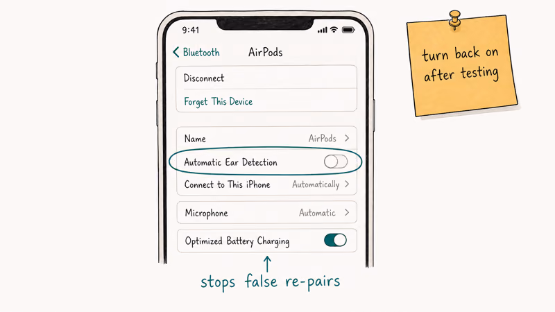 iPhone Bluetooth AirPods settings showing Automatic Ear Detection toggle switched off to prevent stutter