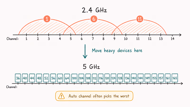 Wi-Fi channel congestion comparison 2.4 GHz crowded versus clear 5 GHz channels with move advice