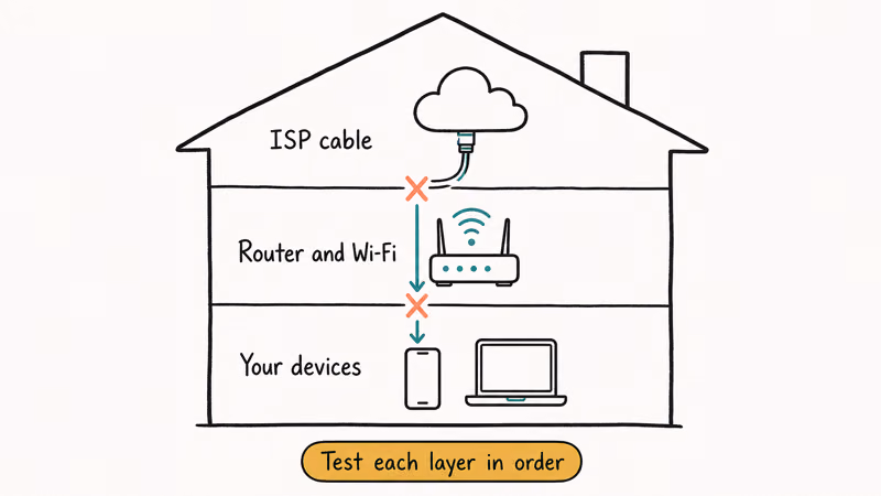 Three-layer home internet triage ISP router and devices with break points and signal path