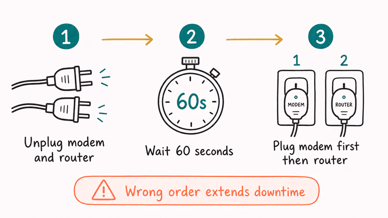 Three-step modem and router power cycle unplug wait sixty seconds and reconnect in order
