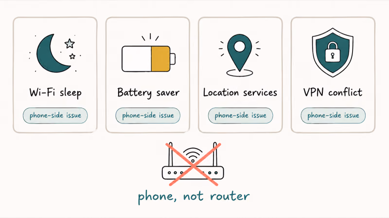 Four card row showing Wi-Fi sleep battery saver location services and VPN conflict as phone side causes not