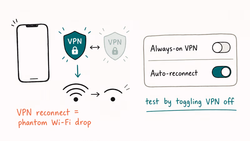 VPN shield flickering causing Wi-Fi signal to drop with settings showing Always on VPN off and Auto reconnect
