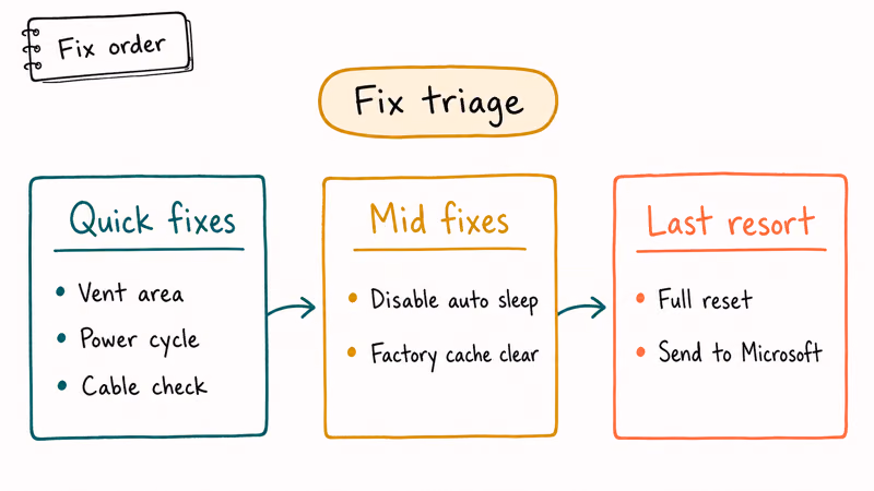 Three step Xbox shutdown fix triage flow from quick fixes to mid level adjustments to last resort service