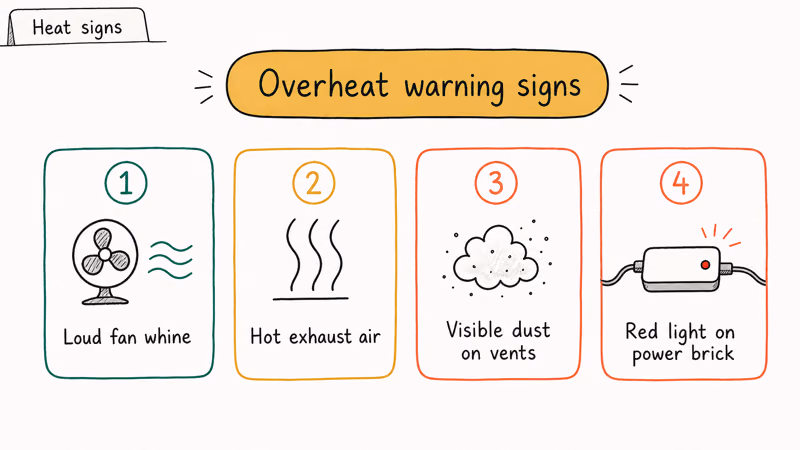 Four Xbox overheating warning signs including loud fan hot exhaust dust on vents and red light on brick