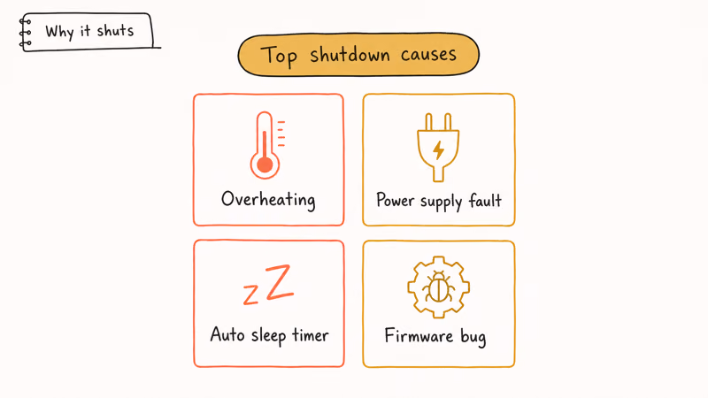 Grid of four Xbox unexpected shutdown causes including overheating power supply auto sleep and firmware bugs