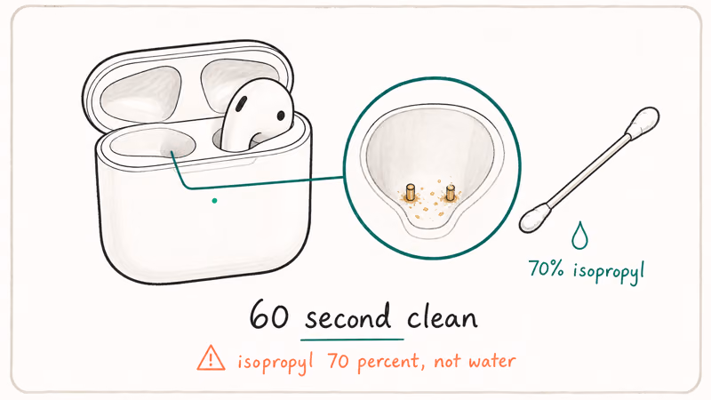 AirPods case with one bud removed and magnified contact pins covered in lint being cleaned with a cotton