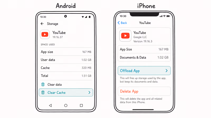 Android Clear Cache and iPhone Offload App YouTube paths shown side by side both highlighted teal