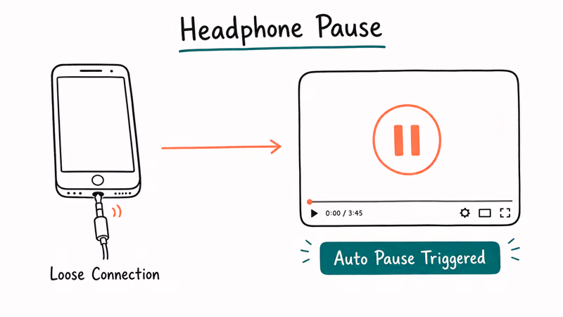 Phone with loose headphone connection triggering YouTube auto pause shown via labeled arrow flow