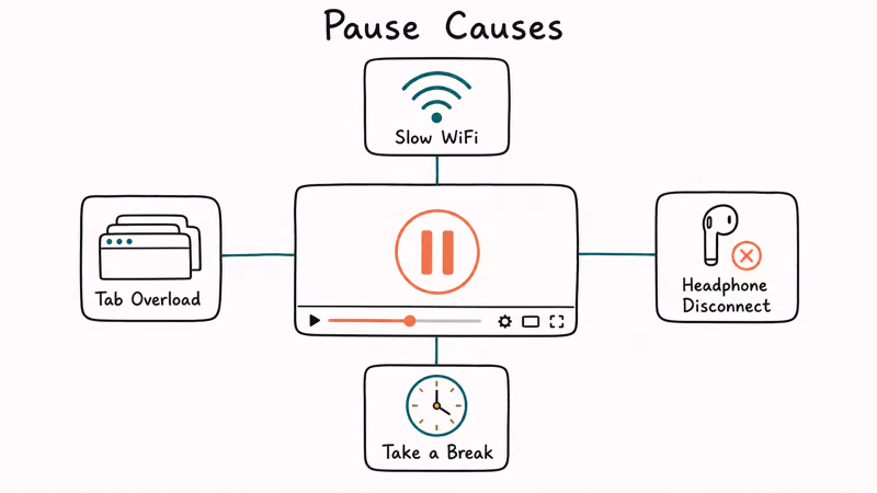 YouTube pause symptom branching to four causes slow WiFi headphone disconnect take a break and tab overload
