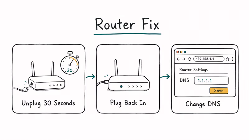 Three step router fix flow unplug for thirty seconds plug back in then change DNS to one one