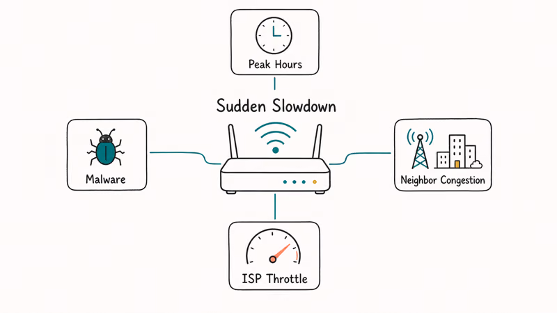 WiFi router with four sudden slowdown causes peak hours neighbor congestion ISP throttle and malware