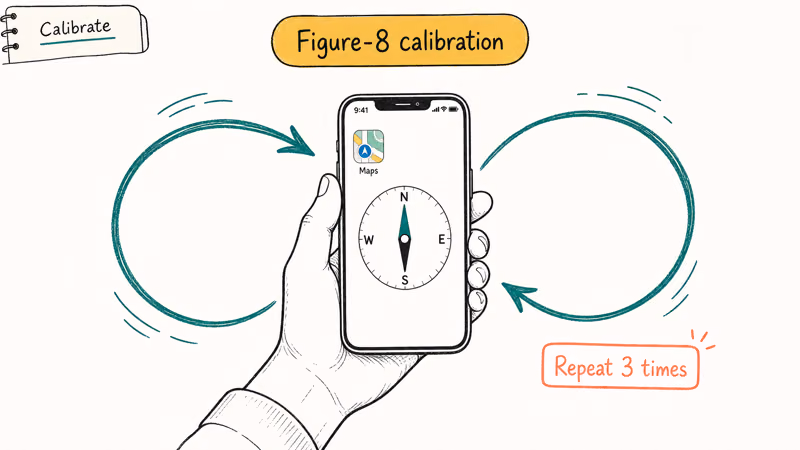 Illustration of iPhone in hand performing figure 8 calibration motion in Maps to improve location accuracy