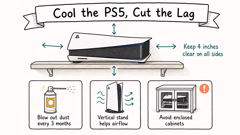 Hand-drawn PS5 airflow diagram with cleaning and placement tips to prevent overheating-induced lag.