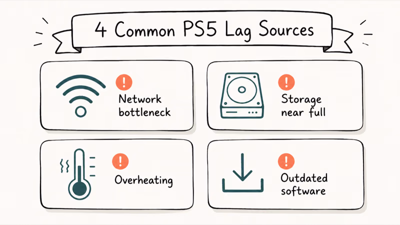Four-card hand-drawn grid of common PS5 lag causes including network storage overheating and software.