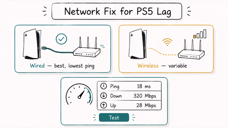 Hand-drawn comparison of wired versus wireless PS5 network setups plus a speed-test card.