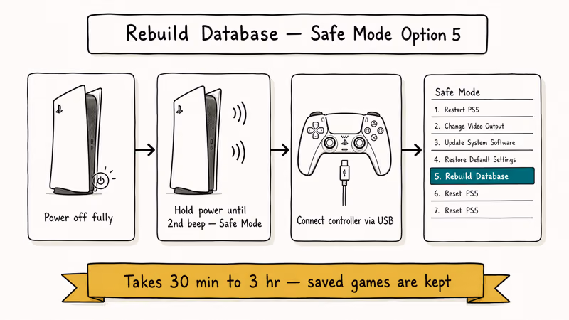 Four-step illustration of entering PS5 Safe Mode and selecting Rebuild Database option 5.