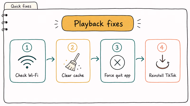 Four numbered playback fix steps for TikTok including Wi-Fi check cache clear force quit and reinstall
