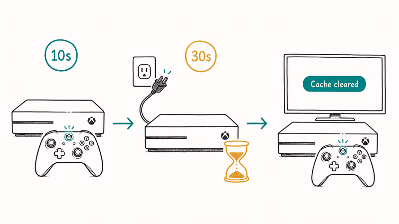 Hand-drawn three-step Xbox power cycle for clearing cache including hold power unplug wait and reboot states.