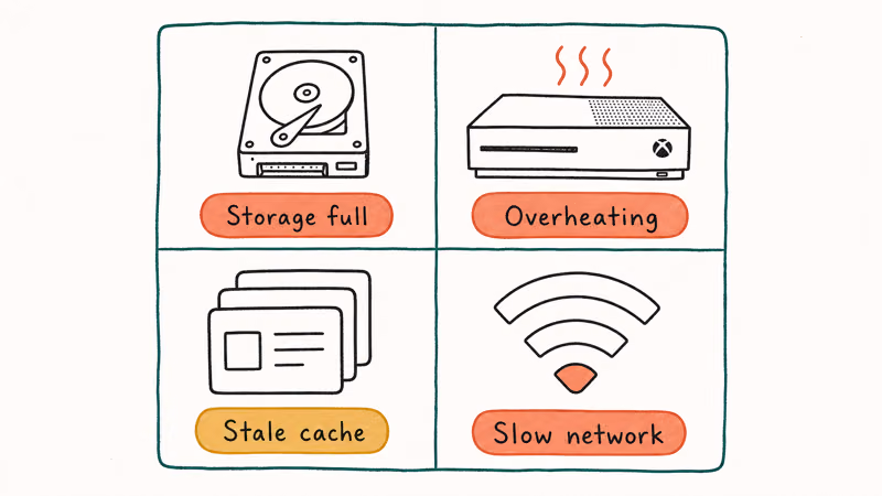 Hand-drawn 2x2 chart mapping four common Xbox slowdown causes including storage heat cache and network.