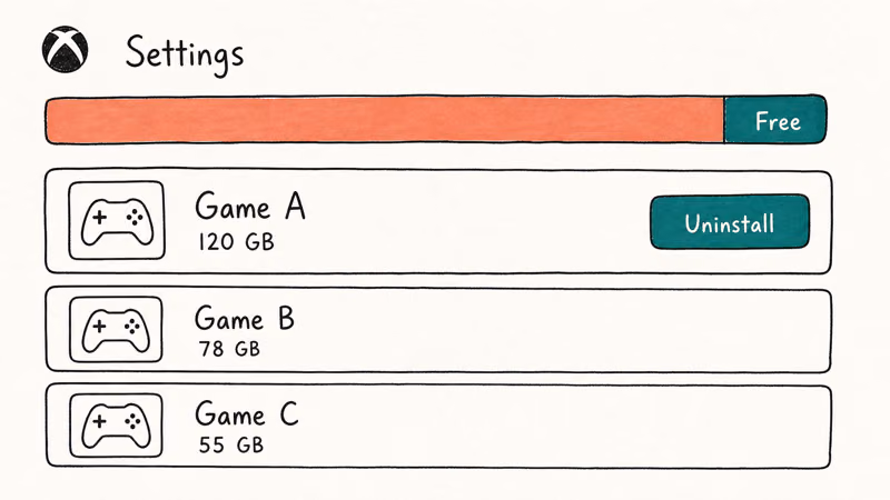 Hand-drawn Xbox storage screen showing nearly full bar three game entries and an uninstall button on largest title.