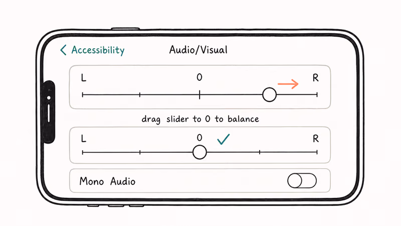 iPhone Accessibility Audio Visual screen showing L R balance slider corrected to center and Mono Audio toggle