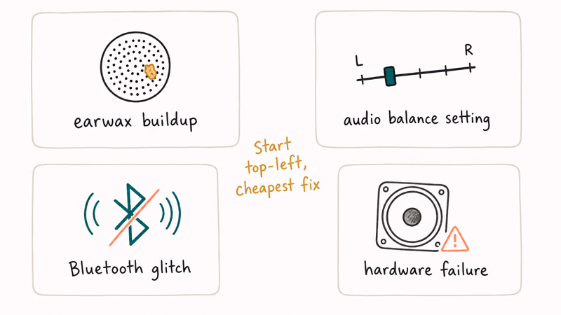 Four card grid showing AirPod volume imbalance causes earwax audio balance Bluetooth glitch and hardware failure