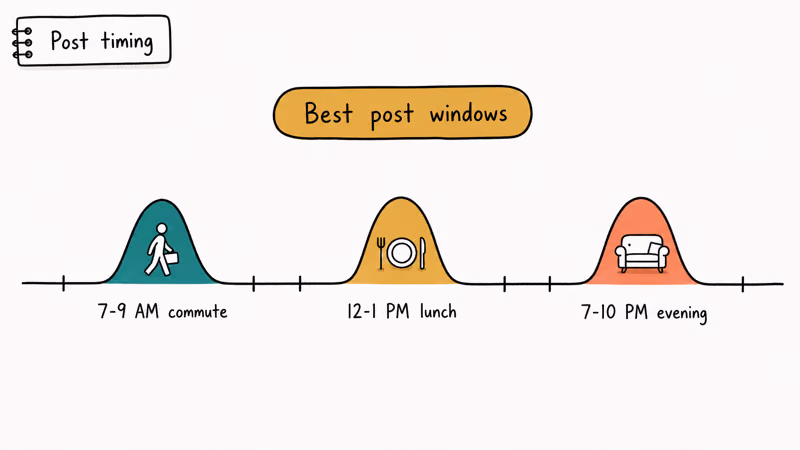 Timeline of three peak TikTok posting windows for maximum reach including morning lunch and evening hours
