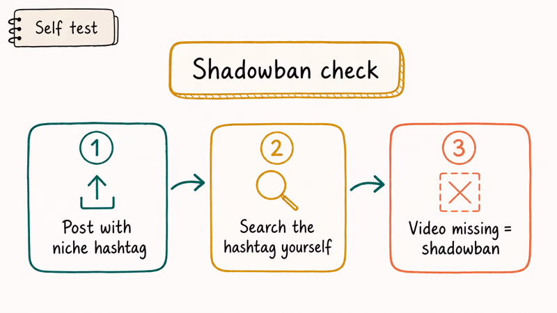 Three step TikTok shadowban check including posting niche hashtag self searching and confirming hidden video