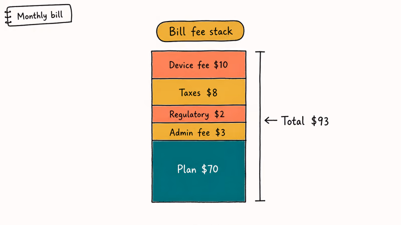 Stacked bar chart showing Verizon monthly bill fee stack with plan admin regulatory taxes and device fees