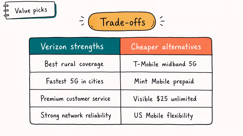 Table comparing Verizon strengths like rural coverage with cheaper carrier alternatives like T-Mobile and Mint