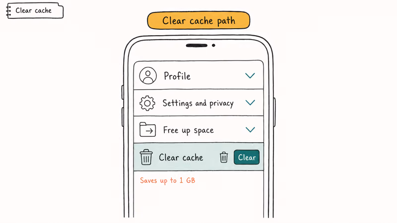 TikTok in app navigation path showing Settings and privacy Free up space Clear cache option steps