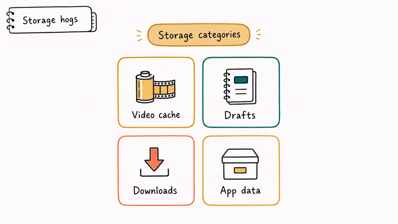 Grid of four TikTok storage categories including video cache drafts downloads and app data on phone