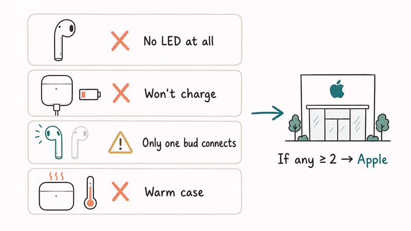 Hardware defect checklist showing AirPods no LED case not charging single bud and warm case pointing to Apple