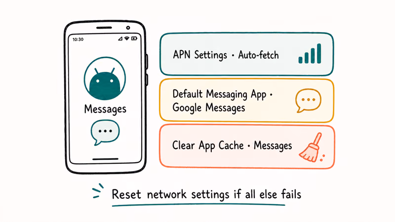 Hand-drawn Android with three MMS troubleshooting cards APN, default messaging app, and clear cache with reset note.